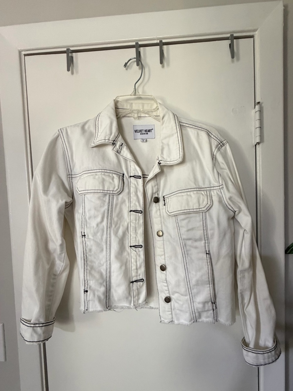 Velvet Heart White Denim Jacket with Dark Contrast Stitching